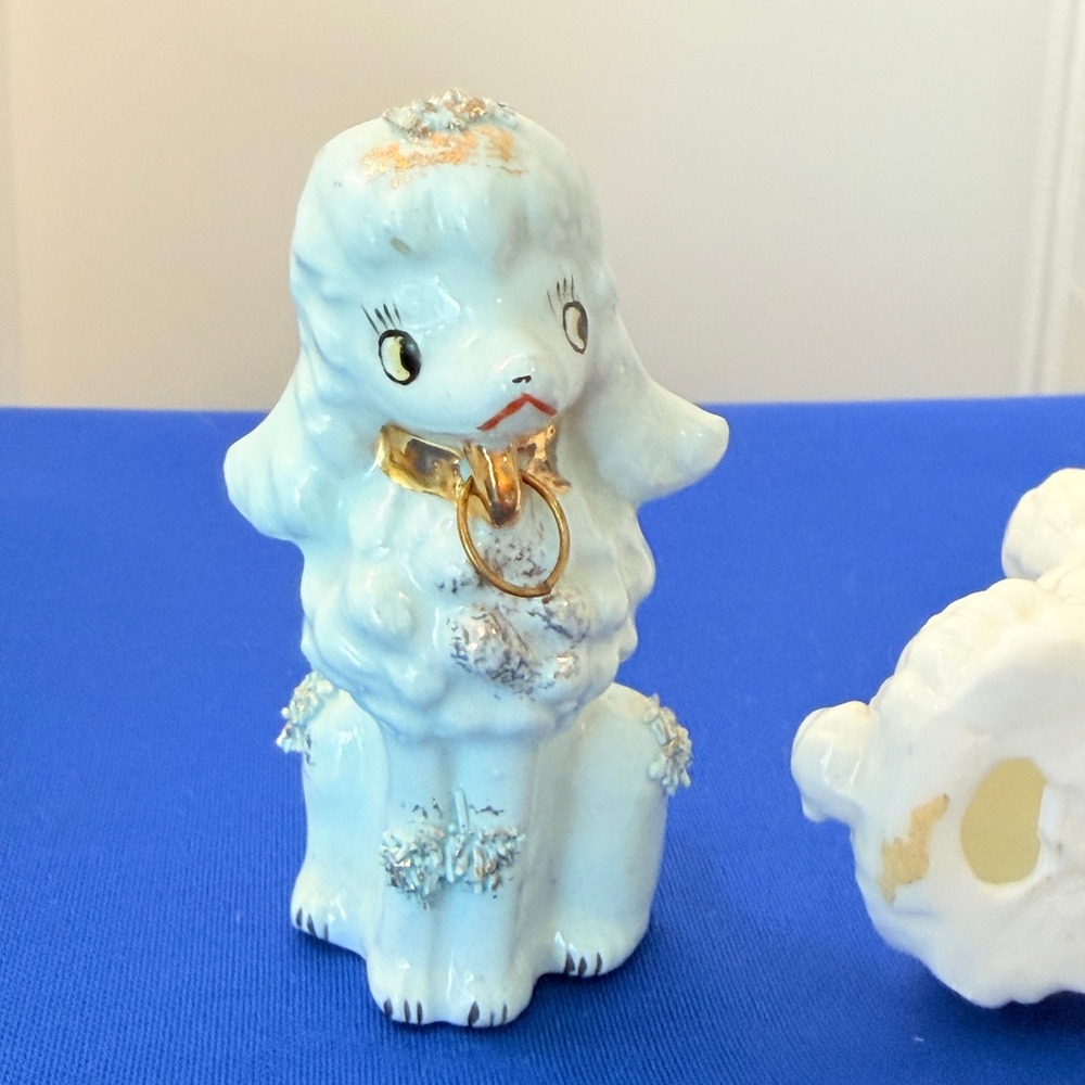 Vintage Ceramic Poodle Figurines Set of 4 Mid Century Spaghetti Blue White Dogs - Picture 11 of 16